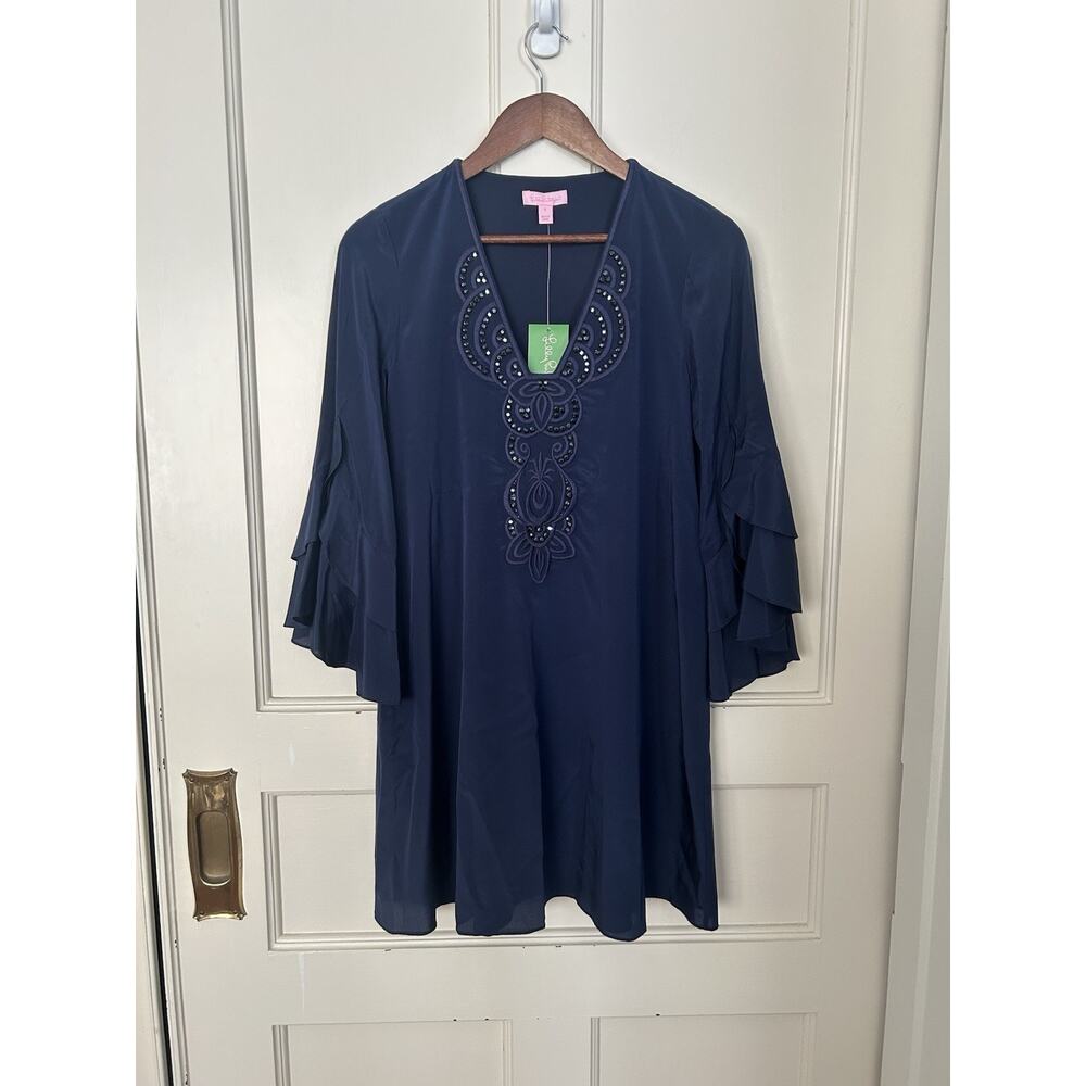 Lilly Pulitzer Silk Tatiana Tunic Dress Womens Size Small Navy Blue Boho NWT